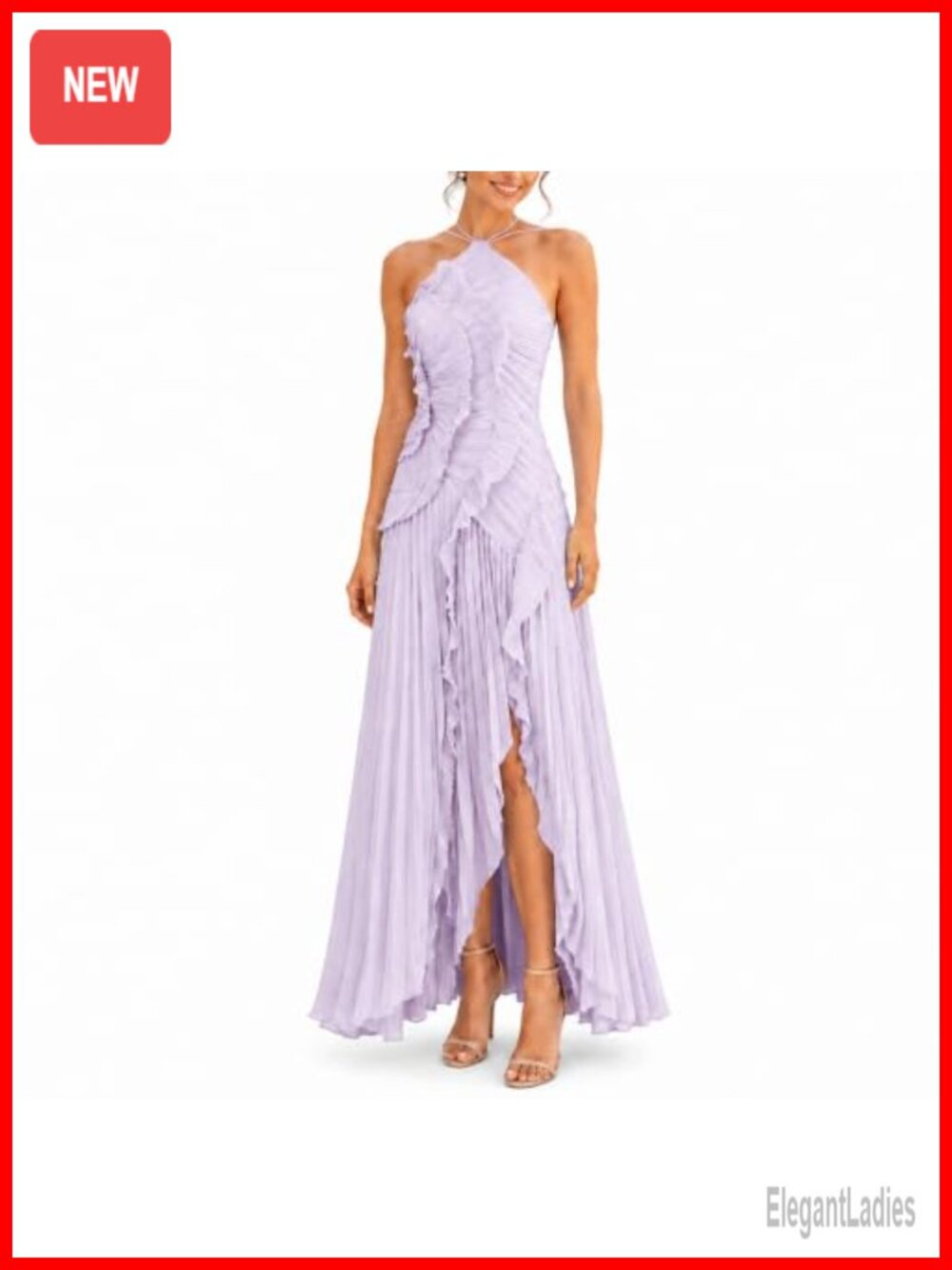 Halter Neck Ruffled Pleated Chiffon Maxi Dress Asymmetric High Low Gown